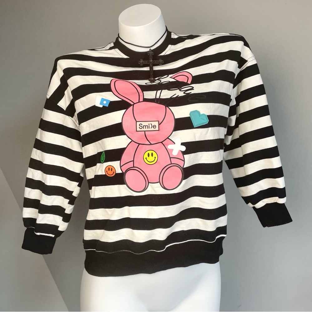 Y2K Black and White Striped Emo Bunny Graphic Sweater